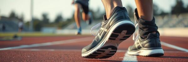 Runners training on a track at sunset, focusing on footwear and athletic movement photo