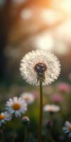Dandelion seed head illuminated by sunlight in a vibrant flower field during late afternoon photo