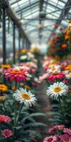Vibrant display of blooming flowers in a greenhouse during spring season with various colors and types photo