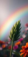 Vibrant flower bud stands tall with rainbow arching above in a colorful garden setting photo