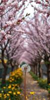 Blossoming cherry trees line a pathway with dandelions in a vibrant spring display in a serene garden setting photo