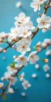 Blossoming cherry flowers against a vibrant blue background in spring photo