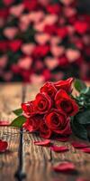 Beautiful red roses arranged gracefully on a wooden table with scattered petals and a blurred heart background photo