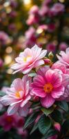 Beautiful blooming pink flowers in a lush garden during golden hour with soft sunlight illuminating petals photo
