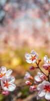 Cherry blossoms bloom in a serene garden during springtime, showcasing delicate petals and vibrant colors photo