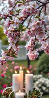 Beautiful spring blossoms framing candlelight in a serene garden setting during twilight photo