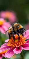 Bumblebee collecting pollen from vibrant pink flower in a sunny garden setting during spring season photo