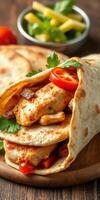 Delicious chicken wrap with fresh ingredients served on a wooden board photo