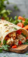 Wrap filled with grilled chicken, fresh vegetables, and herbs on a wooden board in a bright kitchen setting photo
