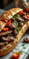 Delicious sandwich filled with grilled meat, fresh vegetables, and flavorful sauce on a soft bread roll photo