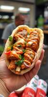 Delicious street food wrap filled with spicy chicken and fresh toppings enjoyed at a local market photo