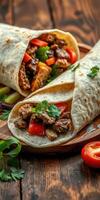 Delicious tortilla wraps filled with grilled meat, fresh vegetables, and herbs on a rustic wooden table photo