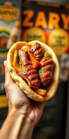 Delicious grilled meat wrapped in pita bread with peppers and herbs at a vibrant food stall during the evening festival photo