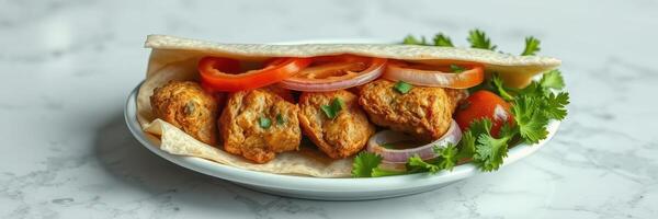 Delicious falafel wrapped in pita with fresh vegetables and herbs served on a white marble background photo
