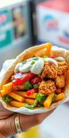Delicious fried chicken wrap loaded with crispy fries and fresh toppings at a casual eatery photo