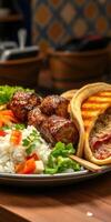 Delicious platter featuring grilled meat skewers, fresh salad, and stuffed flatbread served in a vibrant restaurant photo