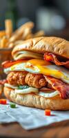 Mouthwatering sandwich stacked with fried chicken, bacon, eggs, and cheese alongside crispy French fries served in a rustic setting photo