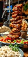 Grilled chicken skewers served with fresh vegetables and pita bread in a lively restaurant setting photo