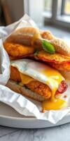 Delicious breakfast sandwich with crispy chicken, fried egg, and melted cheese served on soft bread photo