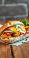 Delicious breakfast sandwich filled with crispy chicken, cheese, and fried eggs served on a wooden table photo