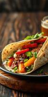 Delicious taco filled with grilled vegetables and fresh herbs served on a wooden table with a drink nearby photo