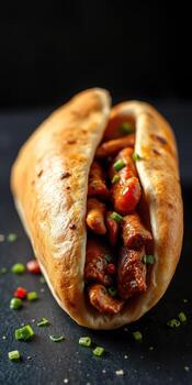 Delicious flatbread filled with marinated chicken, fresh vegetables, and spices on a dark background photo