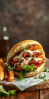 Delicious sandwich with crispy filling and fries served on a rustic wooden table photo