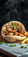 Delicious pita filled with grilled chicken, vegetables, and fries served on a stone plate photo