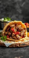 Savory grilled meat wrapped in warm flatbread with fresh toppings served on a wooden board photo