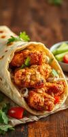 Delicious wrap filled with spicy falafel, fresh vegetables, and aromatic herbs on rustic wooden surface photo