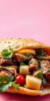 Savory stuffed flatbread with meat, vegetables, and fresh herbs on pink background photo