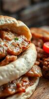 Delicious close-up of a savory flatbread wrap filled with tender meat and a side of flavorful toppings during a meal photo
