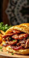 Juicy gourmet sandwich with grilled meats, vegetables, and crispy fries served in a rustic setting photo