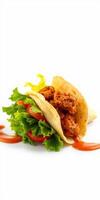 Delicious fried chicken tacos with fresh lettuce and tomato served with sauce on a white background photo