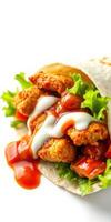 Delicious crispy chicken wrap with fresh lettuce and sauces ready to enjoy for lunch or a snack photo