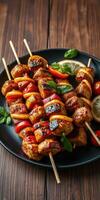 deliciosamente A la parrilla pollo brochetas servido con Fresco vegetales y hierbas en un rústico de madera mesa foto