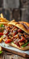 Juicy grilled sandwich with marinated chicken and fresh vegetables served with crispy fries photo