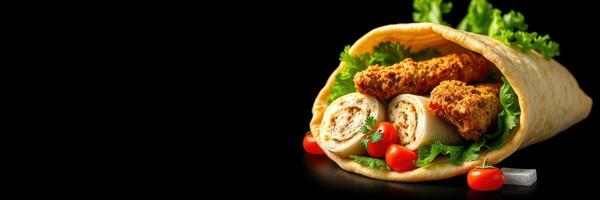 Freshly made wrap with crispy chicken, lettuce, tomatoes, and creamy sauce on a dark background photo