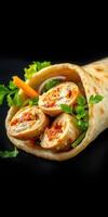 Delicious and fresh tortilla wrap filled with seasoned chicken and colorful vegetables ready to be enjoyed photo