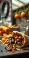 Delicious wrap filled with savory grilled meat and fresh vegetables on a rustic wooden table photo