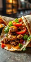 Delicious wrap filled with spiced chicken, fresh vegetables, and savory sauce in a vibrant setting photo