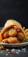 Crispy fried snacks wrapped in flatbread served with fries and condiments at a vibrant food stall photo