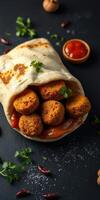 Delicious wrap filled with crispy balls of spiced goodness, accompanied by savory sauces and garnished with fresh herbs photo
