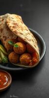 Delicious street food wrap with crispy balls and tangy sauce captured in an urban setting photo