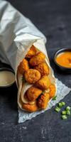 Freshly prepared crispy golden nuggets wrapped in soft pita with tangy sauces on a dark background photo