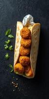 Delicious falafel wrap with fresh vegetables and herbs served on a dark surface photo