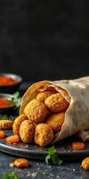 Savory falafel wrapped in warm pita with vibrant sauces and garnishes on a dark background photo