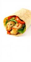 Fresh wrap filled with grilled chicken, lettuce, and veggies served with sauce photo