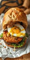 Delicious breakfast sandwich with a crispy patty, poached egg, and fresh greens held in a soft bun served on a rustic wooden table photo