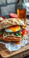 Delicious breakfast sandwich with fried egg, vegetables, and sauce on wooden table photo